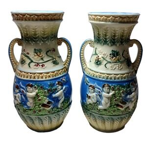 Vintage Japanese Majolica Porcelain Vase Cherubs 7.25 in Hand Painted Lot of Two